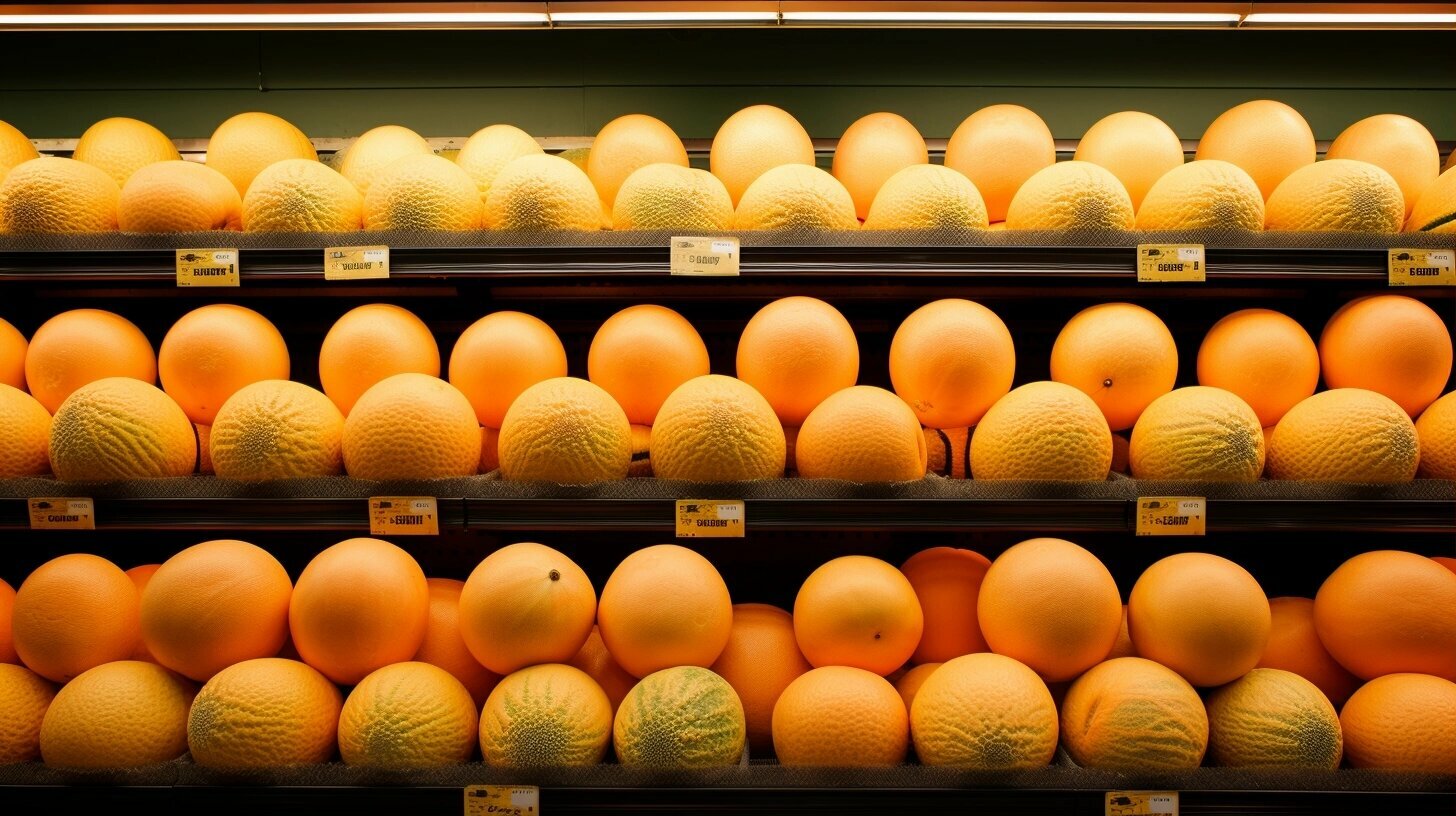 Ripe cantaloupe at grocery store.