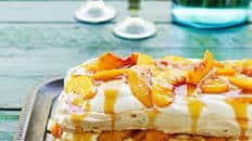 Almond Pavlova with Peaches, Cream, and Salted Peach Caramel