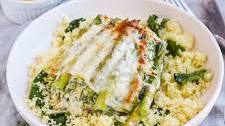 "Artichoke Dip" Smothered Chicken & Asparagus over Spinach Couscous