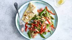 Baked Almond-Crusted Flounder with Sesame Sugar Snap Peas and Zoodle Salad