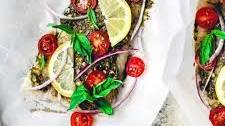 Baked Flounder in Parchment Paper with Tomatoes and Pesto