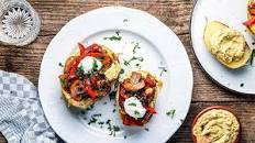 Baked Potato with Chickpea Avocado Dip, Spicy Mushrooms & Peppers