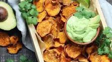 Baked Sweet Potato Chips with Avocado Lime Dip