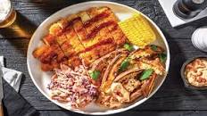 BBQ Chicken Schnitzel & Ranch Slaw with Loaded Bacon Sweet Potato Wedges & Corn