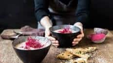 Beetroot soup with spinach and feta focaccia