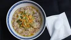 Brown Rice Congee With Beef, Shiitake, and Garlic Chips Recipe