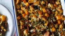 Cheesy Butternut Squash, Andouille and Herb Stuffing