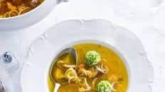 Chicken Broth with Cream Cheese and Chive “Dumplings”