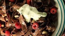 Chocolate Pasta with Chocolate Hazelnut Cream Sauce, White Chocolate Shavings and Fresh Berries