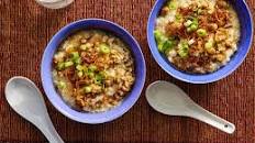 Congee (Rice Porridge) With Minced Pork and Crispy Shallots