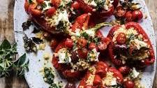 Greek Orzo Stuffed Red Peppers with Lemony Basil Tomatoes