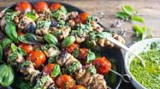 Grilled Lemon-Garlic Chicken and Tomato Kebabs With Basil Chimichurri Recipe