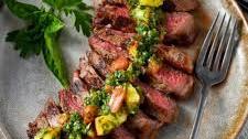 Grilled New York Strip Steaks with Peach Chimichurri