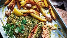 Herb-crusted salmon with garlic fries