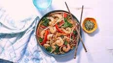 Korean Shrimp japchae with glass noodles, spinach and mushrooms