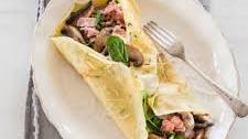 Parmesan and herb crepes with mushrooms and bacon