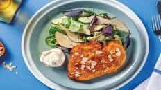 Parmesan-Crumbed Chicken Schnitzel with Pear, Toasted Almonds & Parmesan Salad