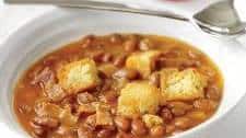 Pork and Pink Bean Soup with Corn Muffin Croutons