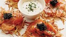 Potato Pancakes with Smoked Salmon, Caviar and Dill Cream