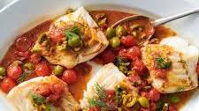 Roasted Cod With Burst Tomatoes and Olives