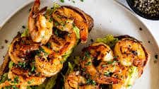 Smashed avocado shrimp bruschetta