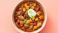 Smoky Chipotle Turkey & Sweet Potato Chili with Beans & Sour Cream