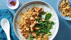 Stir-Fried Pork Congee with Spinach, Crisp Shallots & Ginger