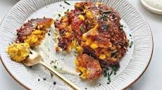 Sweetcorn and chorizo fritters with soured cream and tomato country relish