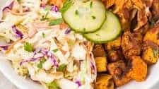 BBQ Chicken Bowls with Sweet Potatoes, Coleslaw, and Pickles