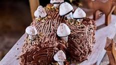 Chocolate hazelnut yule log with meringue mushrooms