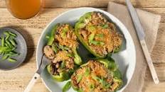 Creamy Pork Stroganoff Stuffed Peppers with green onions and Parmesan