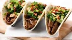 Mongolian Beef Tacos with bok choy slaw