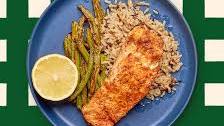 Oven roasted salmon, asparagus & brown rice