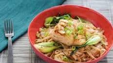 Pan-Seared Cod with Soy Maple Glaze, Baby Bok Choy, and Rice Noodles