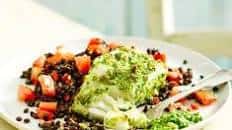 Pesto-crusted cod with puy lentils