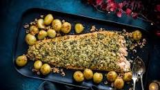 Roast salmon with herb crust and brown shrimp butter