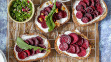 Roasted Beet and Honeyed Goat Cheese Crostini with Arugula and Walnuts