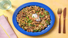 Speedy Beef 'Biryani' with Raisins, Peas and Cilantro Yogurt