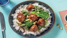 Teriyaki Beef Meatballs & Garlic Rice with Peanuts & Aromatic Veggies