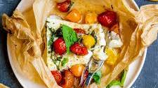 Tomato Basil Baked Cod in parchment