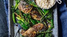 Traybaked teriyaki mackerel with greens