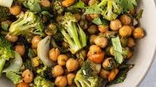 vegan garlic chickpea stir fry with broccoli and carrots