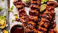 BBQ Beer Chicken Skewers with Avocado Corn and Feta Salsa