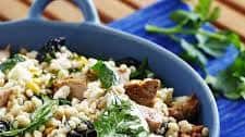 Barley Salad with Dried Cherries, Feta, Grilled Pork & Sautéed Spinach