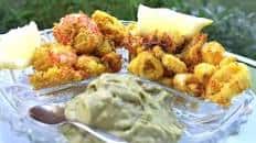 CRISPY BAKED CALAMARI & PRAWNS WITH AVOCADO SALSA