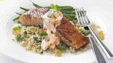 Cinnamon rubbed salmon with couscous & harissa yogurt