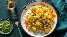 Coconut curry with jumbo shrimp and cauliflower over basmati rice
