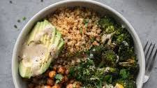 Crispy Quinoa Chickpea Bowls with Roasted Broccoli and Meyer Lemon Tahini Sauce