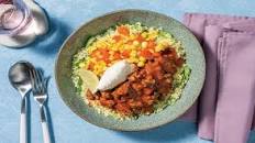 Easy Pork Chilli & Spinach Couscous with Sour Cream & Tomato Corn Salsa