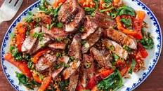 Glazed Steak with Farro & Bell Pepper Stir-Fry